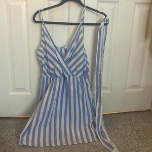 Short Blue and White Striped V neck Dress